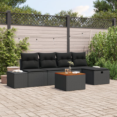 6 Piece Garden Sofa Set with Cushions Black Poly Rattan
