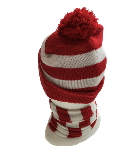 Red White Stripe BEANIE & SCARF SET Hat Where's Wally Waldo Costume Ski Winter Cap