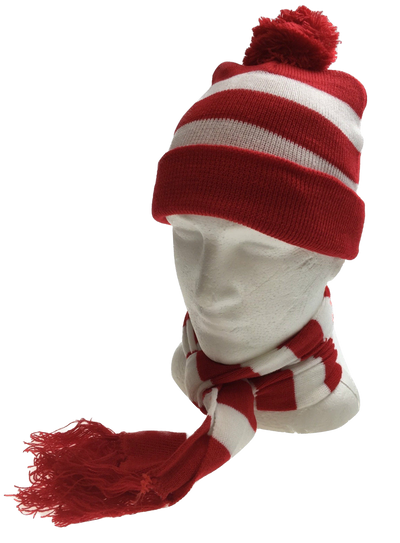 Red White Stripe BEANIE & SCARF SET Hat Where's Wally Waldo Costume Ski Winter Cap