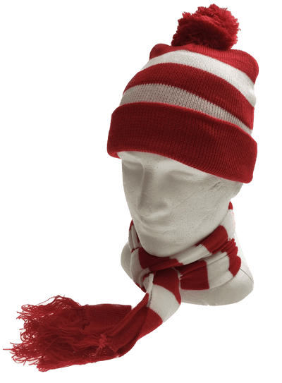 Red White Stripe BEANIE & SCARF SET Hat Where's Wally Waldo Costume Ski Winter Cap