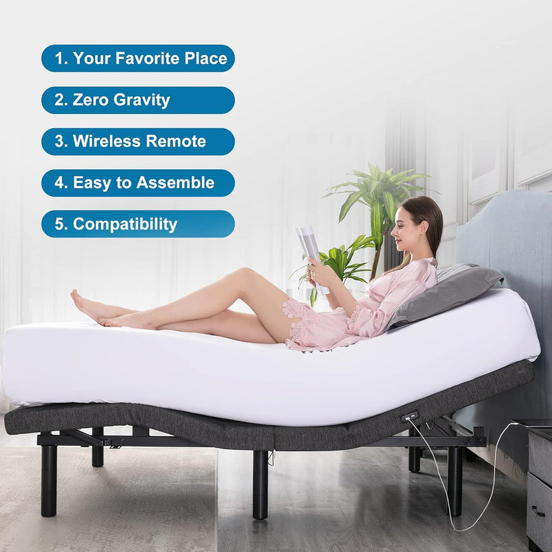 S*MAX Queen Adjustable Bed Frame with Dual Motors, Wireless Remote, USB Ports, LED Night Light, Zero Gravity & Anti-Snore, Head & Foot Incline, Grey