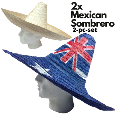 2x Mexican Sombrero Hat Australian Aussie Flag & Beige Design Costume Party Hat