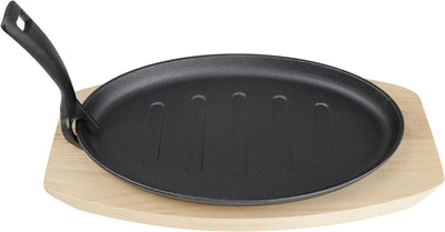 Steak Sizzle Plate Cast Iron Sizzling Platter Serving Plate Wooden Base + Handle