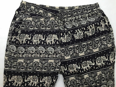 Womens PLUS KING SIZE BOHO HAREM PANTS Baggy Yoga Travel Bohemian Trousers - Black with Elephants - 22