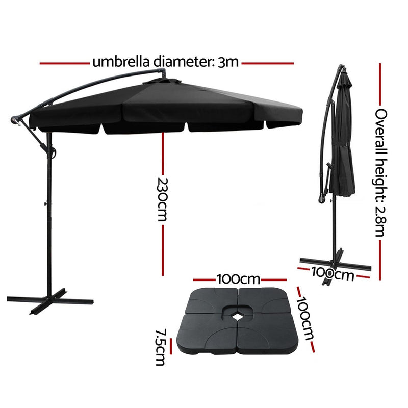 Instahut 3m Outdoor Umbrella w/Base Cantilever Garden Beach Patio Black