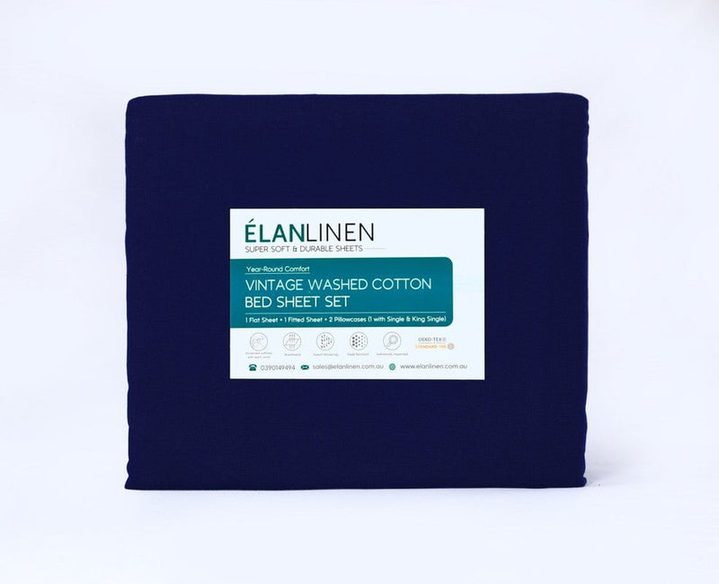 Elan Linen 100% Egyptian Cotton Vintage Washed 500TC Navy Blue King Bed Sheets Set