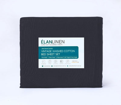 Elan Linen 100% Egyptian Cotton Vintage Washed 500TC Charcoal 50 cm Deep Mega King Bed Sheets Set