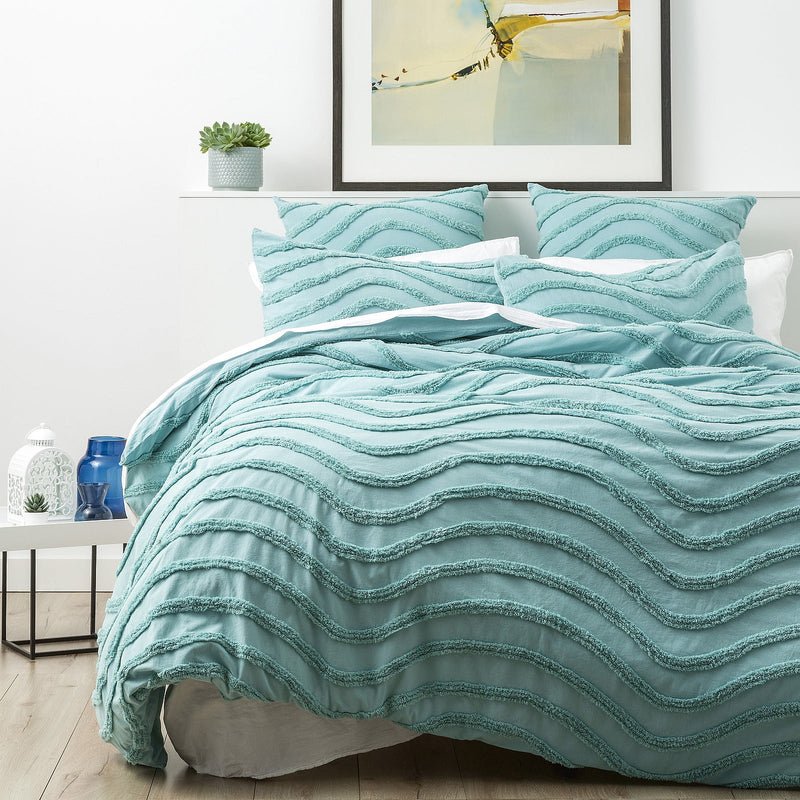 Chenille Wave 100% Cotton Vintage Washed Aqua Tufted Quilt Cover Set by Cloud Linen Queen