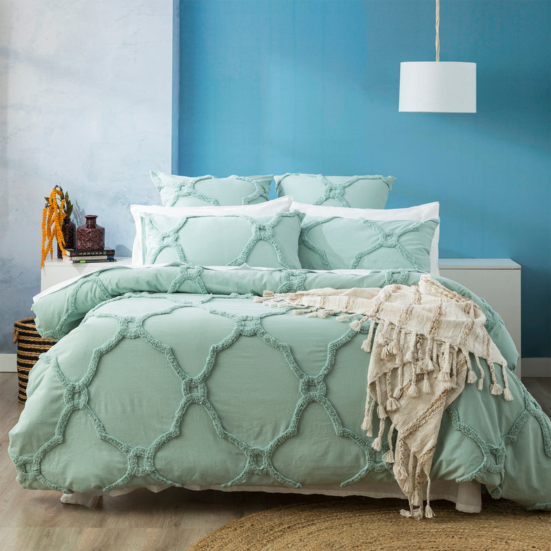 Moroccan 100% Cotton Chenille Vintage Washed Tufted Sage Quilt Cover Set by Renee Taylor Queen