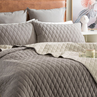 Diamante Vintage Stone Washed Cotton Reversible Quilted Charcoal Coverlet Set by Renee Taylor Queen/King