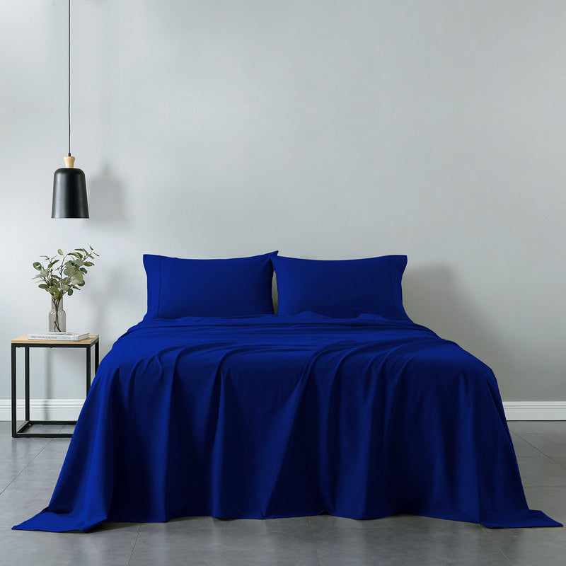 Royal Comfort Vintage Washed 100% Cotton Sheet Set Fitted Flat Sheet Pillowcases - Double - Royal Blue