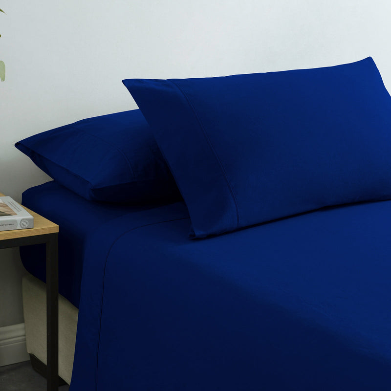 Royal Comfort Vintage Washed 100% Cotton Sheet Set Fitted Flat Sheet Pillowcases - Double - Royal Blue