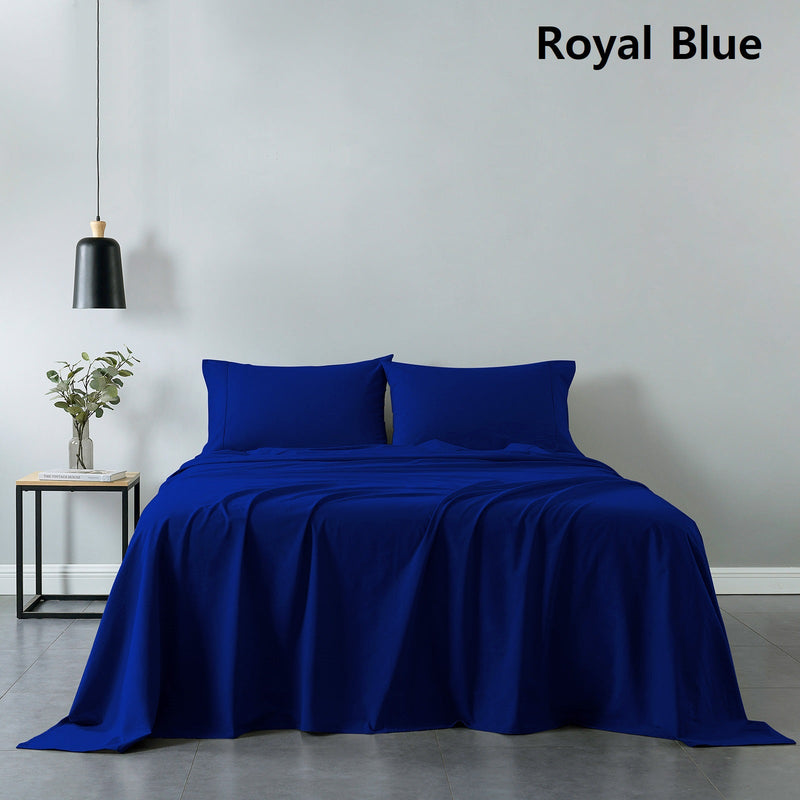 Royal Comfort Vintage Washed 100% Cotton Sheet Set Fitted Flat Sheet Pillowcases - Double - Royal Blue