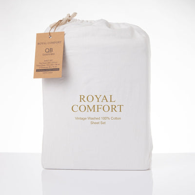 Royal Comfort Vintage Washed 100% Cotton Sheet Set Fitted Flat Sheet Pillowcases - Queen - White