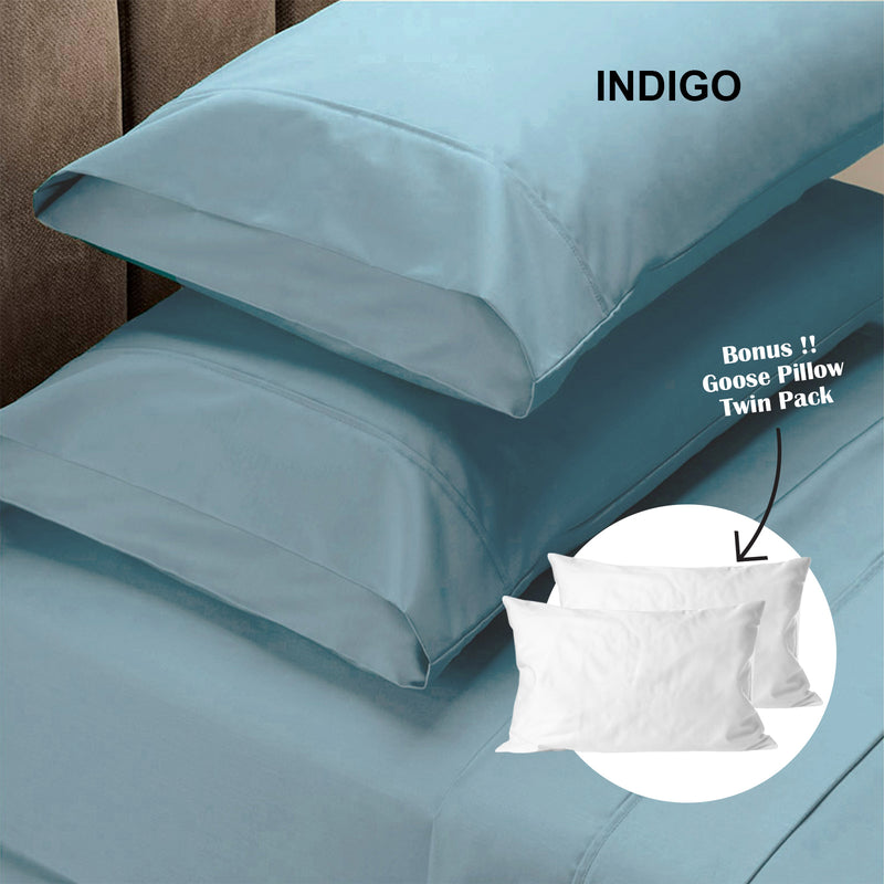 Royal Comfort 4 Piece 1500TC Sheet Set And Goose Feather Down Pillows 2 Pack Set - King - Indigo