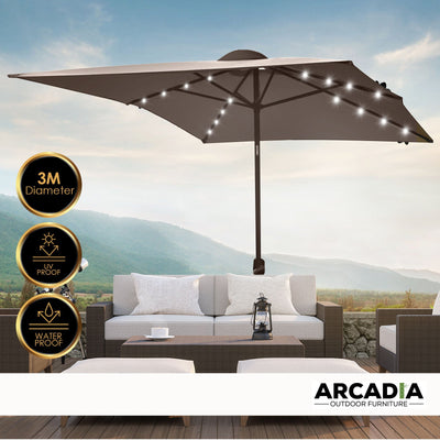 Arcadia Furniture Umbrella 3 Metre Umbrella with Solar LED Lights Garden Yard - Charcoal