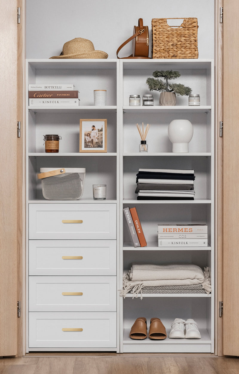 GENEVA 3 SHELF 4 DRAWER BUILT IN WARDROBE - WHITE - HAMPTON - OVAL BRASS