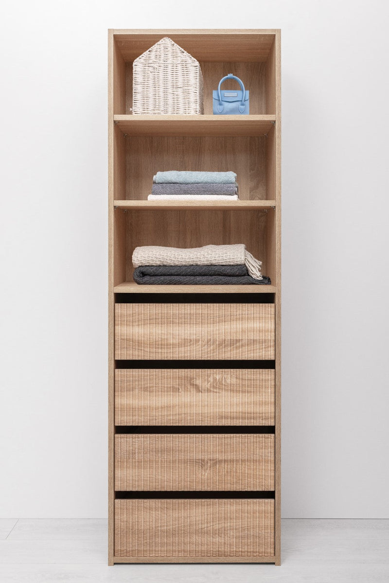 GENEVA THREE SHELF/FOUR DRAWER BUILT IN WARDROBE - FLUTED - NATURAL OAK