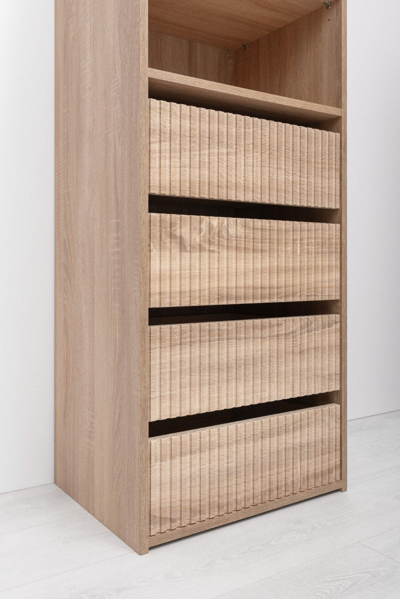 GENEVA THREE SHELF/FOUR DRAWER BUILT IN WARDROBE - FLUTED - NATURAL OAK