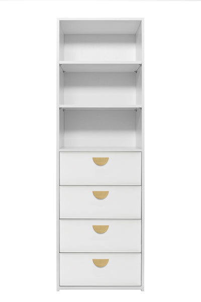GENEVA 3 SHELF 4 DRAWER BUILT IN WARDROBE - WHITE - SLIM - HALF MOON BRASS