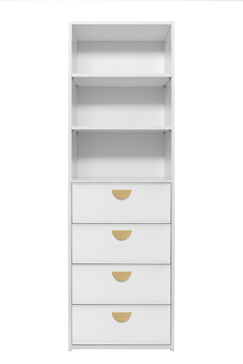 GENEVA 3 SHELF 4 DRAWER BUILT IN WARDROBE - WHITE - SLIM - HALF MOON BRASS