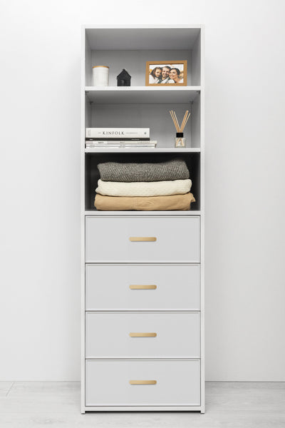 GENEVA 3 SHELF 4 DRAWER BUILT IN WARDROBE - WHITE - SLIM - OVAL BRASS