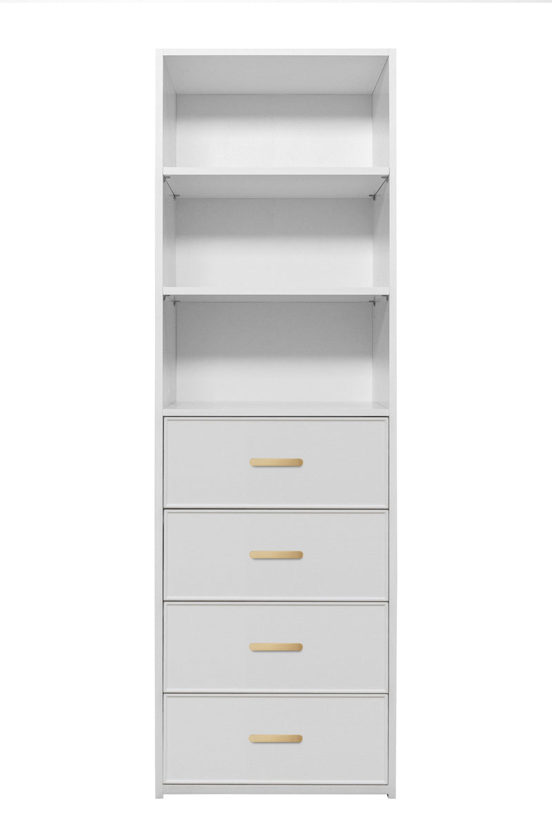 GENEVA 3 SHELF 4 DRAWER BUILT IN WARDROBE - WHITE - SLIM - OVAL BRASS