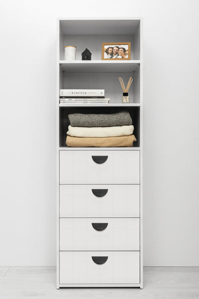 GENEVA 3 SHELF 4 DRAWER BUILT IN WARDROBE - WHITE - VJ PANEL - HALF MOON BLACK
