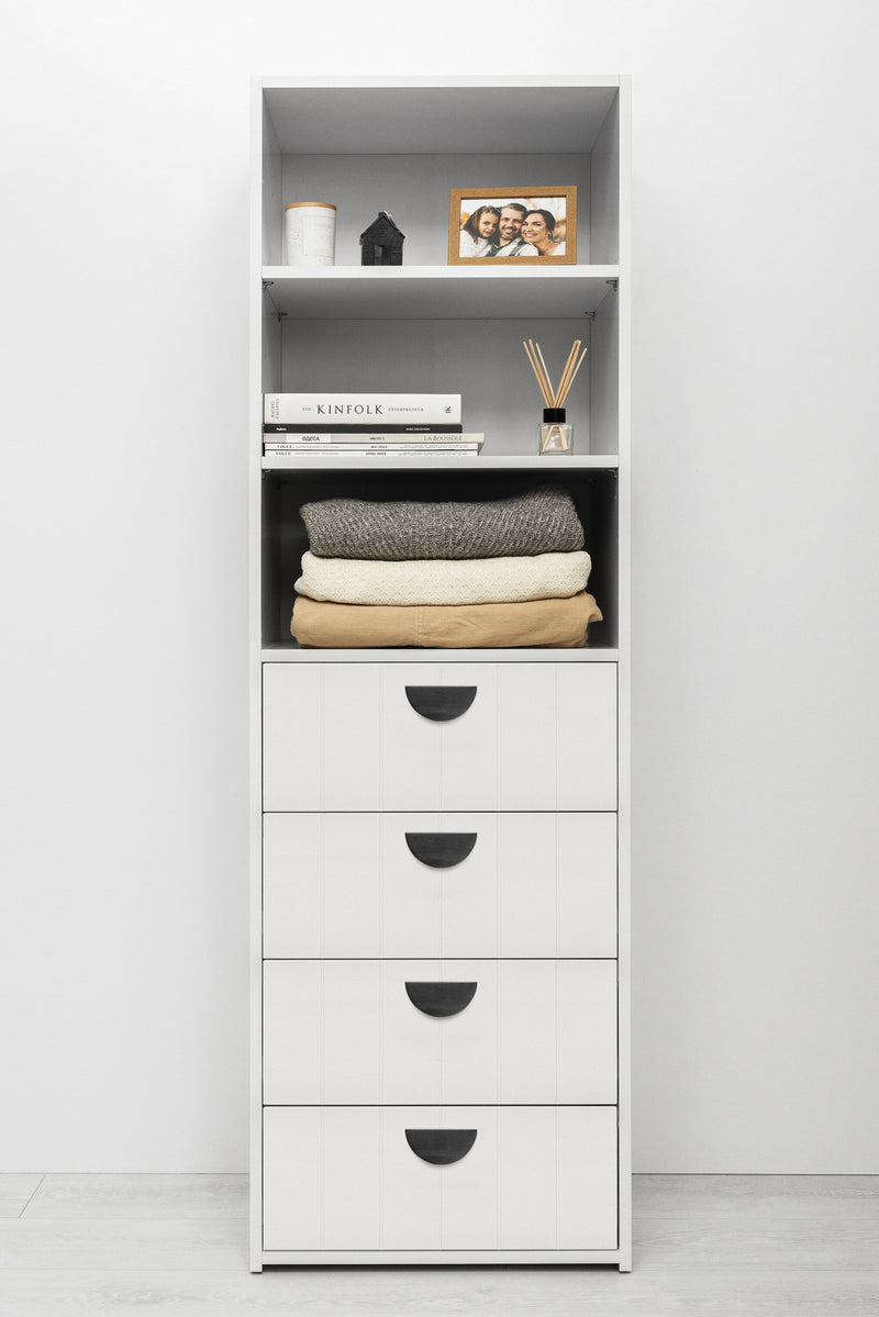GENEVA 3 SHELF 4 DRAWER BUILT IN WARDROBE - WHITE - VJ PANEL - HALF MOON BLACK