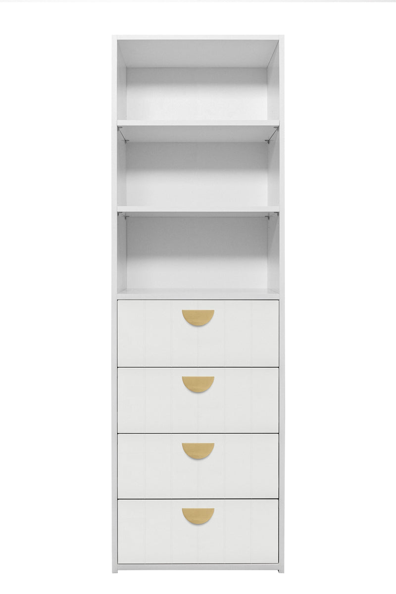 GENEVA 3 SHELF 4 DRAWER BUILT IN WARDROBE - WHITE - VJ PANEL - HALF MOON BRASS