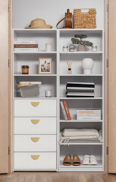 GENEVA 3 SHELF 4 DRAWER BUILT IN WARDROBE - WHITE - VJ PANEL - HALF MOON BRASS