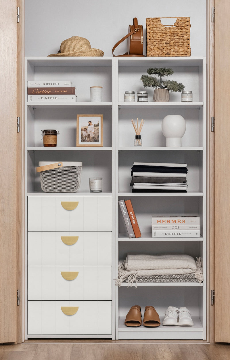 GENEVA 3 SHELF 4 DRAWER BUILT IN WARDROBE - WHITE - VJ PANEL - HALF MOON BRASS