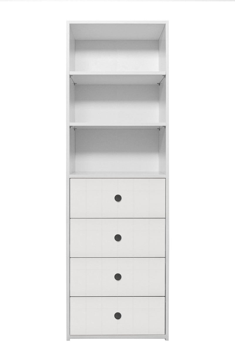 GENEVA 3 SHELF 4 DRAWER BUILT IN WARDROBE - WHITE - VJ PANEL - ROUND BLACK