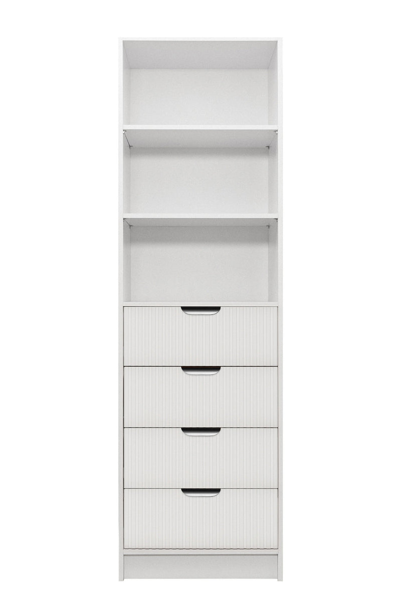 MALMO 3 SHELF 4 DRAWER WALK IN WARDROBE  - WHITE - FLUTED - PULL BLACK