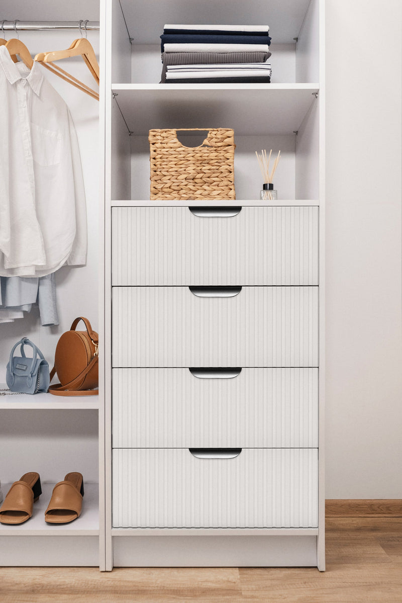 MALMO 3 SHELF 4 DRAWER WALK IN WARDROBE  - WHITE - FLUTED - PULL BLACK