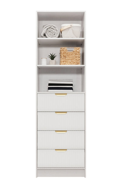 MALMO 3 SHELF 4 DRAWER WALK IN WARDROBE  - WHITE - FLUTED - PULL BRASS