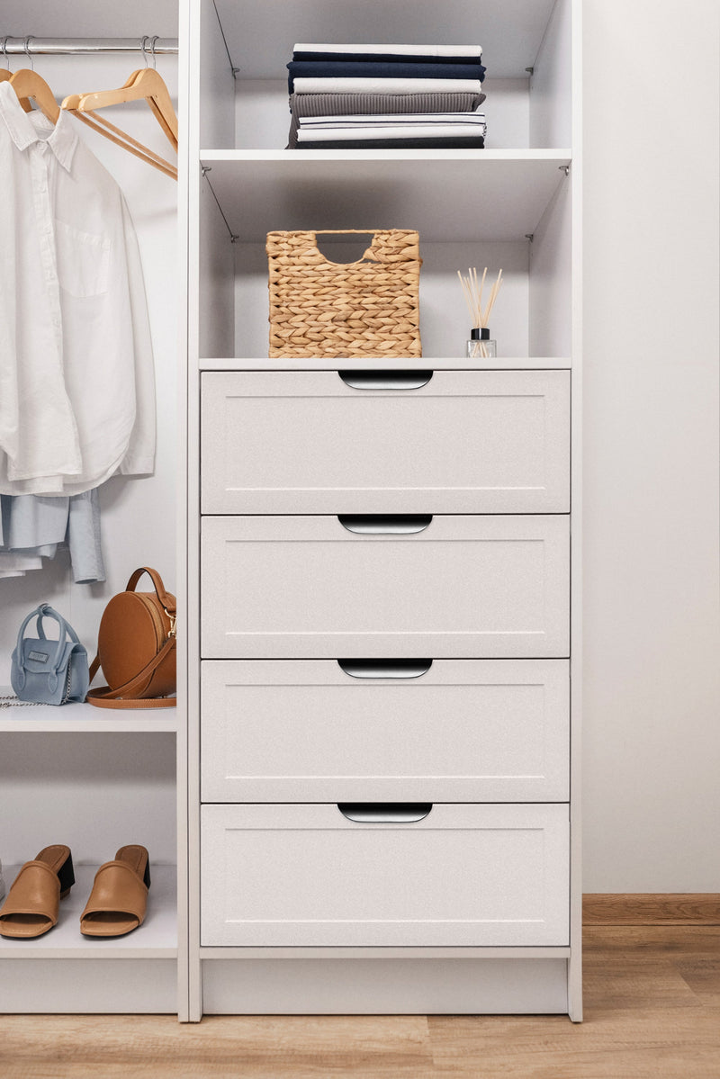 MALMO 3 SHELF 4 DRAWER WALK IN WARDROBE  - WHITE - HAMPTONS - PULL BLACK