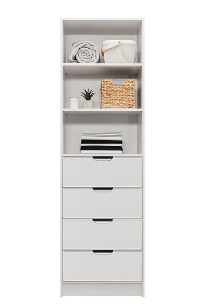 MALMO 3 SHELF 4 DRAWER WALK IN WARDROBE  - WHITE - SLIM - PULL BLACK