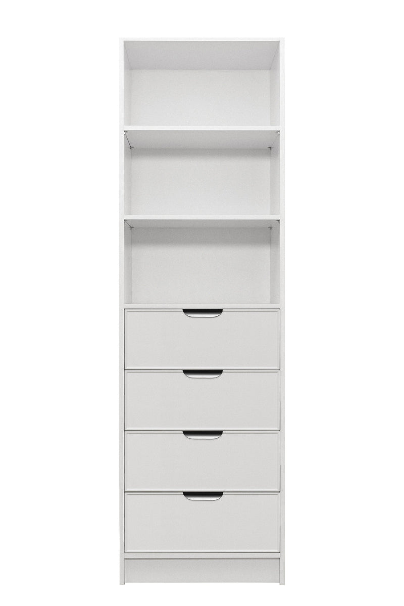 MALMO 3 SHELF 4 DRAWER WALK IN WARDROBE  - WHITE - SLIM - PULL BLACK