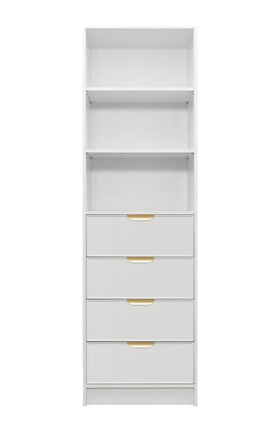 MALMO 3 SHELF 4 DRAWER WALK IN WARDROBE  - WHITE - SLIM - PULL BRASS