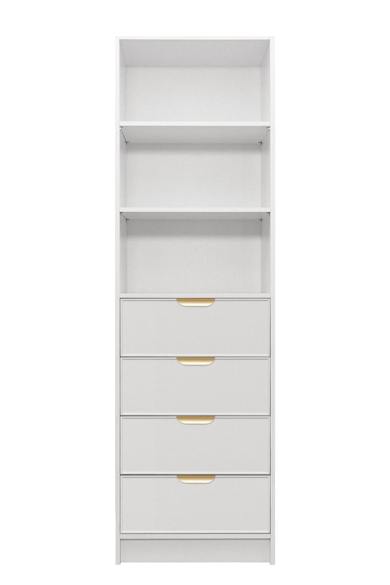 MALMO 3 SHELF 4 DRAWER WALK IN WARDROBE  - WHITE - SLIM - PULL BRASS