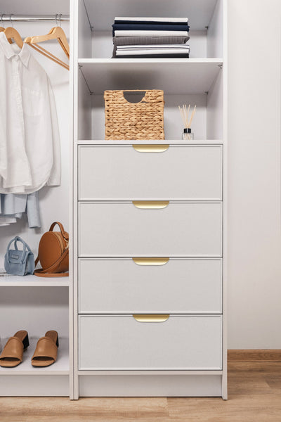 MALMO 3 SHELF 4 DRAWER WALK IN WARDROBE  - WHITE - SLIM - PULL BRASS