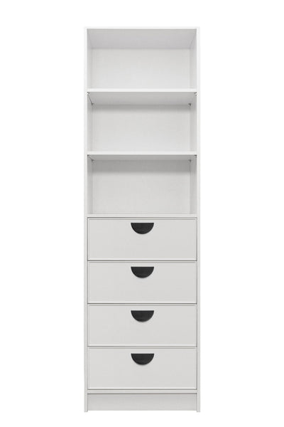 MALMO 3 SHELF 4 DRAWER WALK IN WARDROBE  - WHITE - SLIM - HALF MOON BLACK