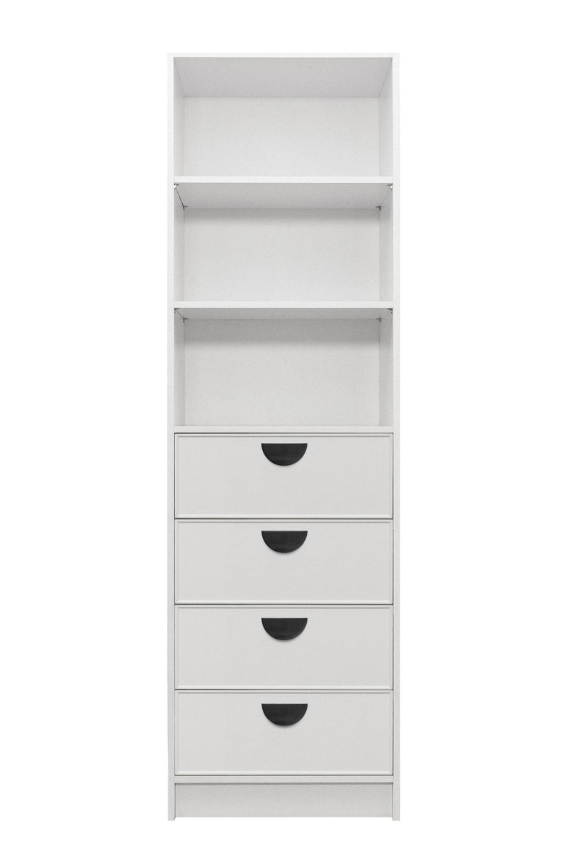 MALMO 3 SHELF 4 DRAWER WALK IN WARDROBE  - WHITE - SLIM - HALF MOON BLACK