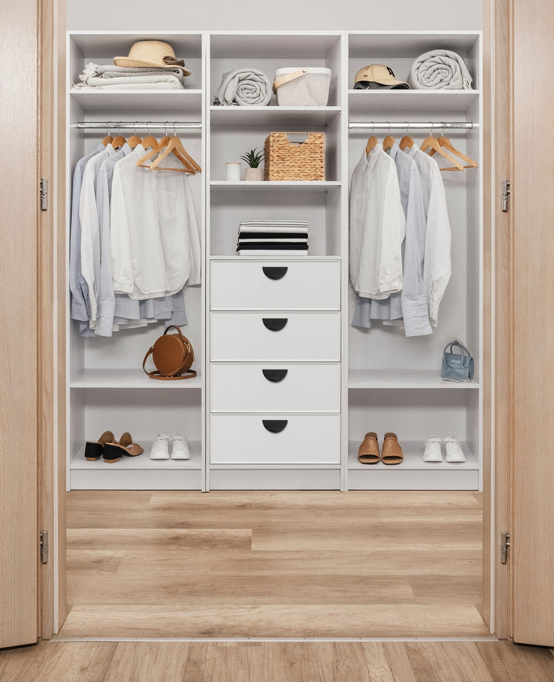 MALMO 3 SHELF 4 DRAWER WALK IN WARDROBE  - WHITE - SLIM - HALF MOON BLACK