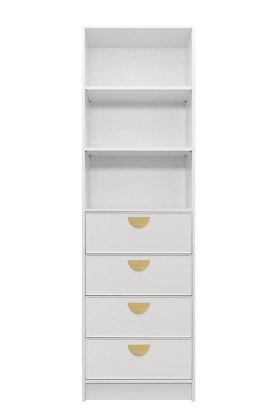 MALMO 3 SHELF 4 DRAWER WALK IN WARDROBE  - WHITE - SLIM - HALF MOON BRASS