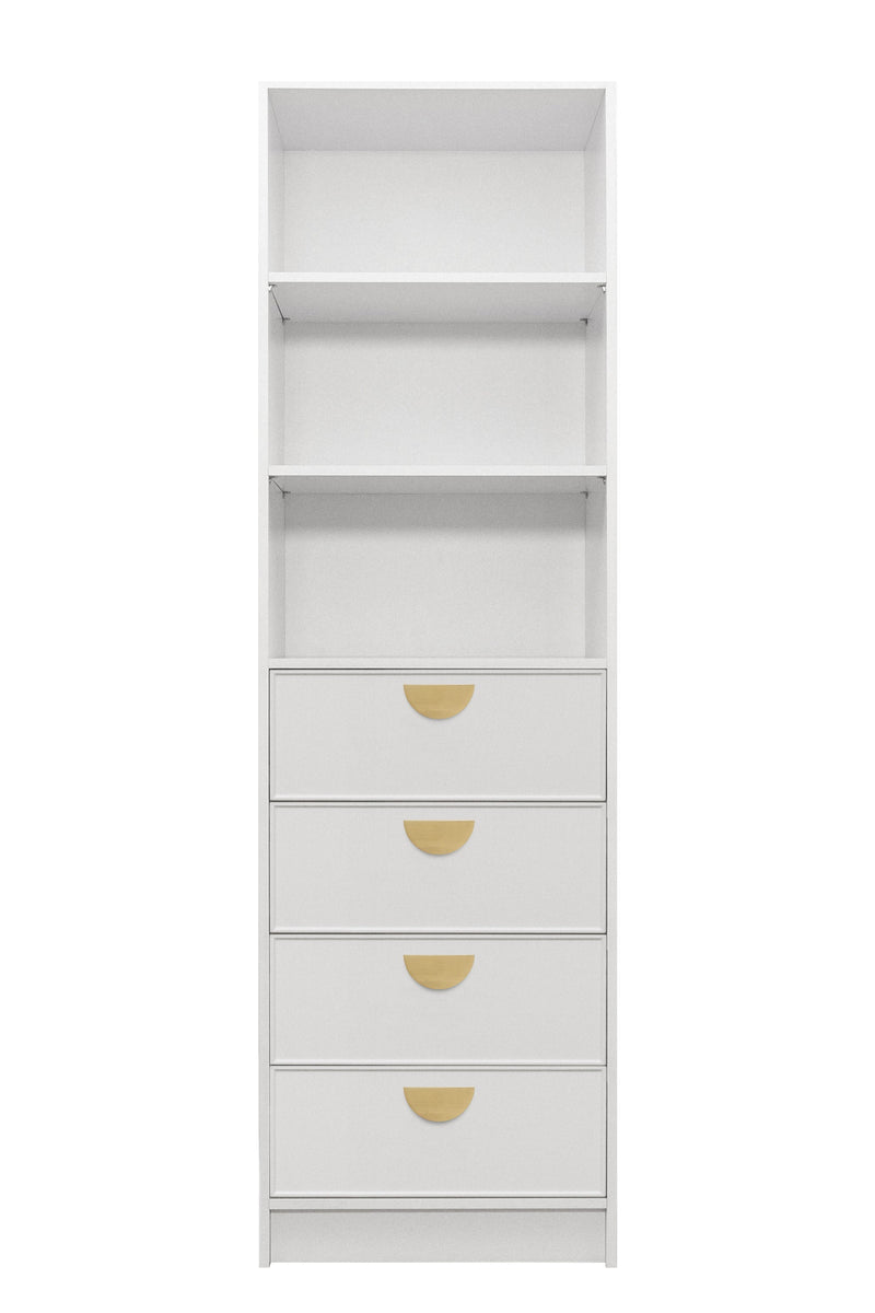 MALMO 3 SHELF 4 DRAWER WALK IN WARDROBE  - WHITE - SLIM - HALF MOON BRASS