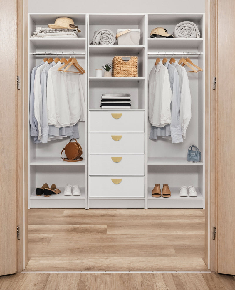 MALMO 3 SHELF 4 DRAWER WALK IN WARDROBE  - WHITE - SLIM - HALF MOON BRASS