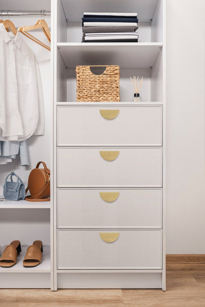 MALMO 3 SHELF 4 DRAWER WALK IN WARDROBE  - WHITE - SLIM - HALF MOON BRASS