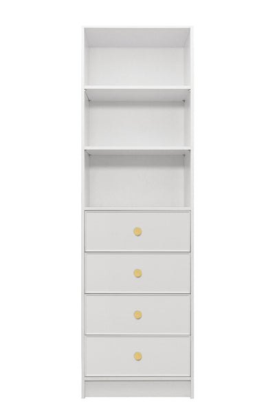 MALMO 3 SHELF 4 DRAWER WALK IN WARDROBE  - WHITE - SLIM - ROUND BRASS